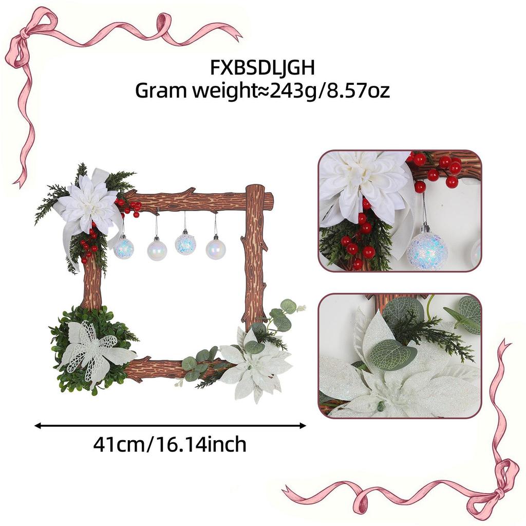 Natural Wood Slice & Flocked Poinsettia Christmas Wreath for Door, Fireplace, or Window