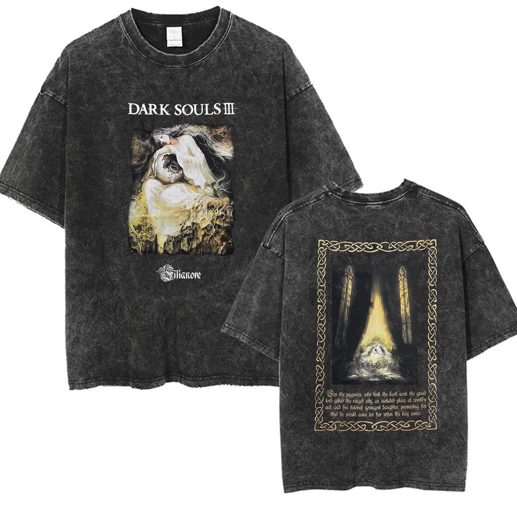 Vintage Washed Dark Souls Artorias The Abysswalker Grim Graphic T Shirt Unisex Game Player Fans Short Sleeve Tshirts Streetwear