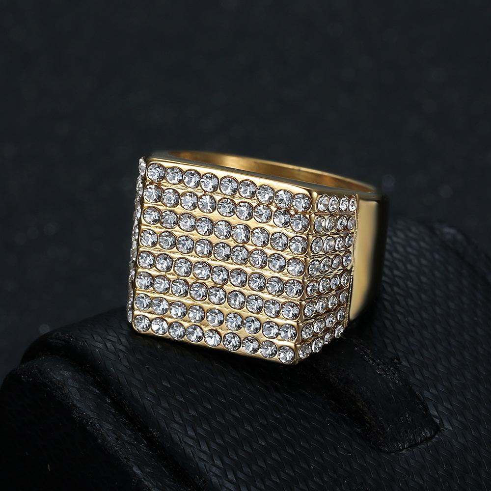 Hot Selling Hip Hop Jewelry Titanium Steel Gold Plated Square Full Diamond Ring