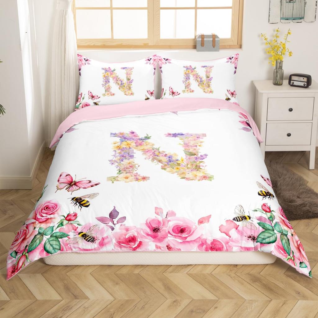 Initial Letter A Duvet Cover for Boys Girls Floral Monogrammed Bedding Set Romantic Rose Alphabet Quilt Cover with 2 Pillow Case