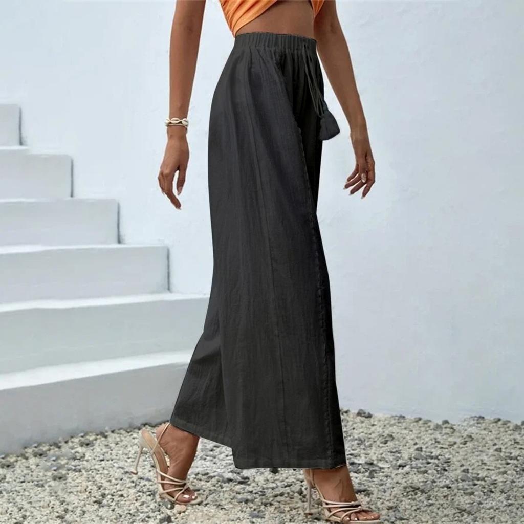 Однотонные хлопковые и льняные женские свободные повседневные брюки с кисточками, широкие брюки