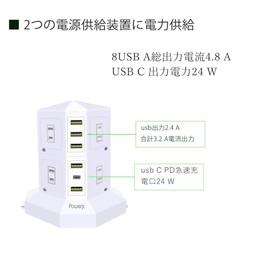 Башня-удлинитель JIACHAN с 2 вертикальными розетками, 8 AC, умными USB, PD и Type-C зарядкой, защита от молнии, защита от перегрузки, энергосбережение