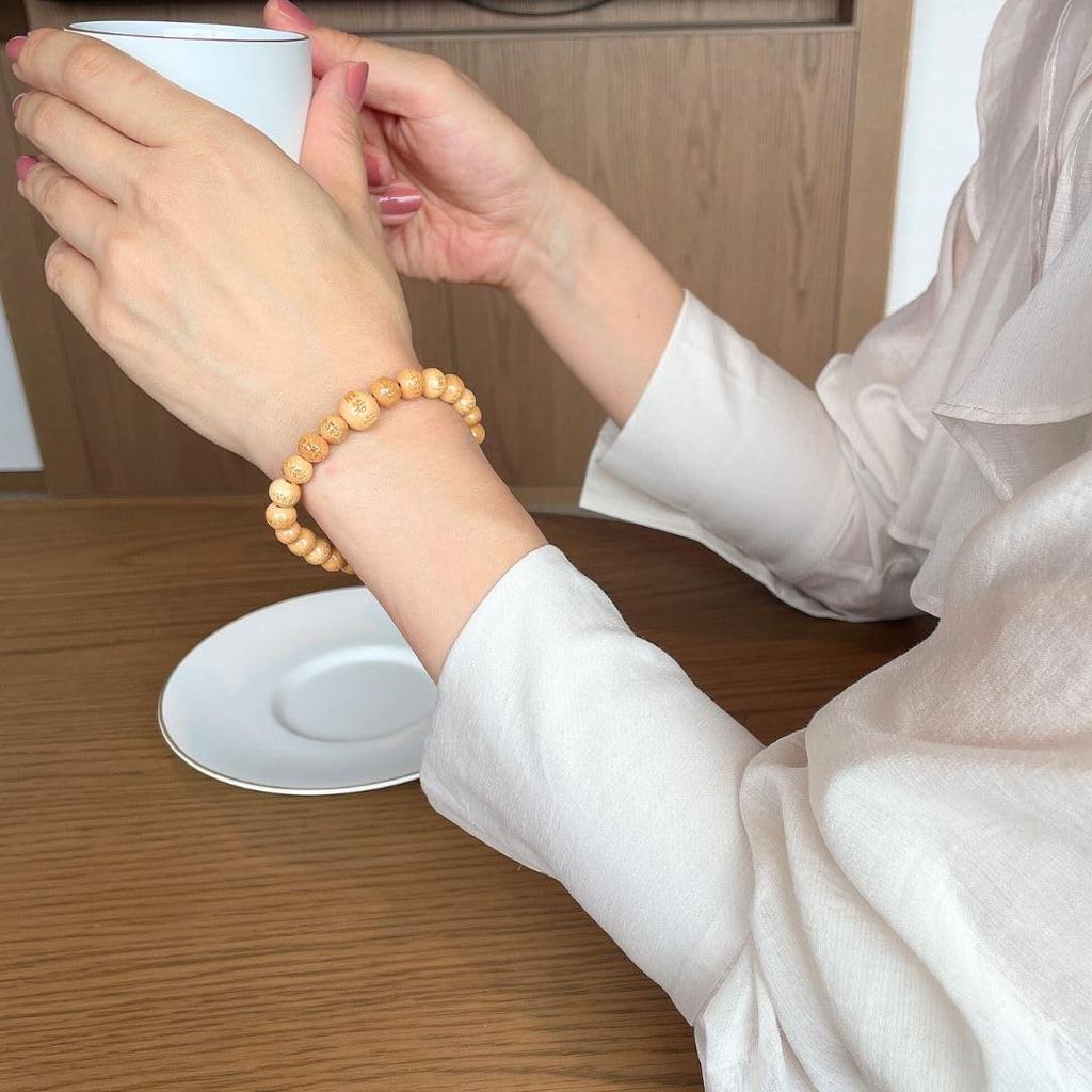 Wagokoro Nenjudo Heart Sutra Carved Boxwood 8mm Prayer Beads Bracelet with Free Rubber Replacement