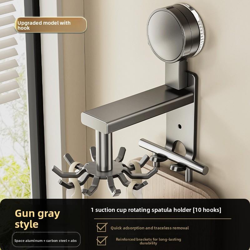 Aluminum Alloy Wall Mount Pot Spoon Holder With Rotating Hooks For Kitchen Storage