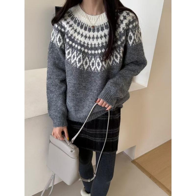 Винтажный универсальный вязаный пуловер Fair Isle женский осенне-зимний мягкий восковой свободный ленивый рождественский вязаный свитер топ женский
