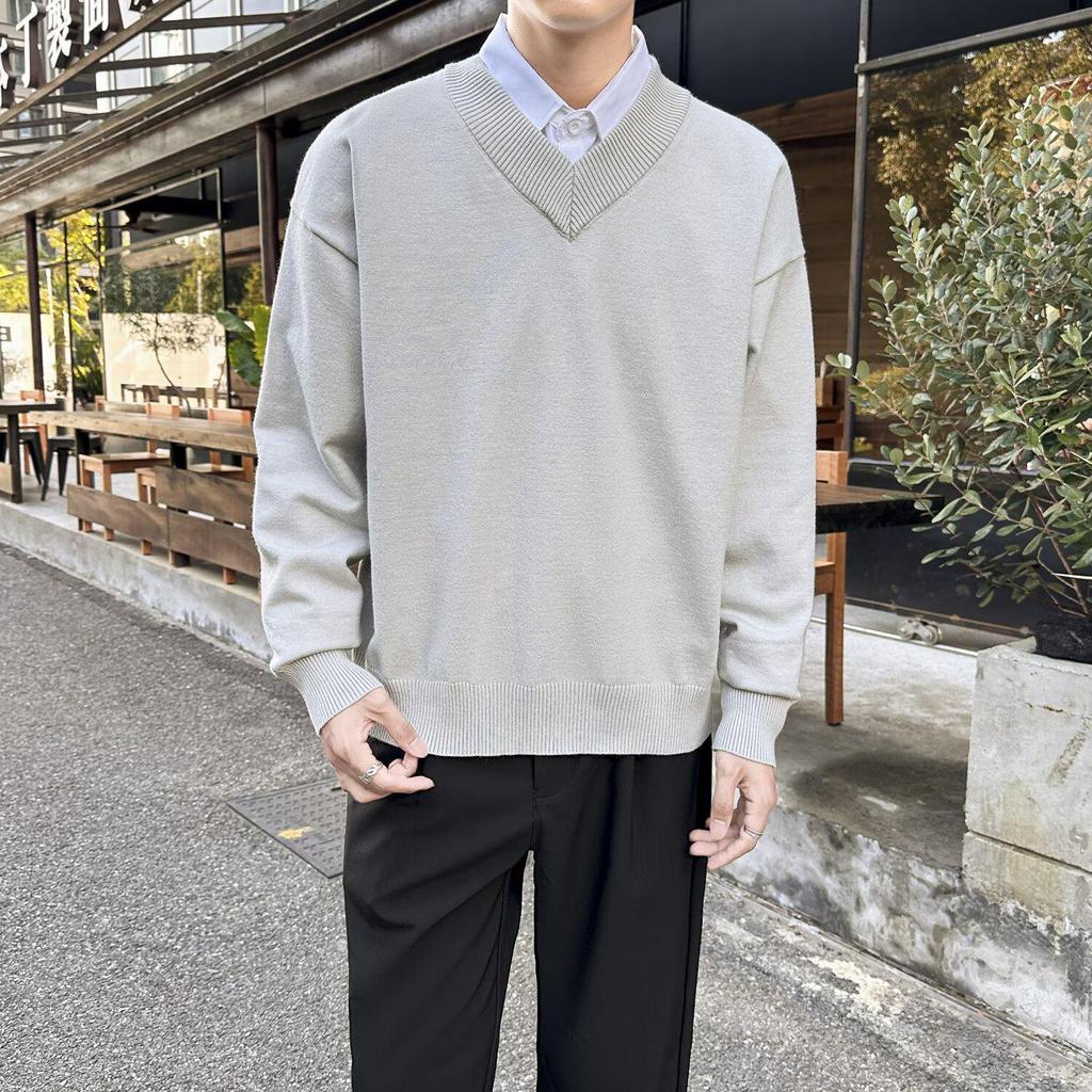 Unisex Retro V-Neck Sweater - Two-Piece Look, Autumn/Winter Style