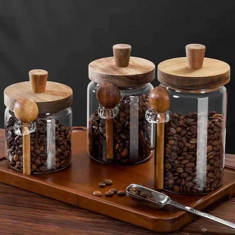 Kitchen Glass Jar Grains Coffee Beans Tealeaf Storage Containers with Wood Spoon Lid Clear Spice Jar Moisture-proof Storage Tank