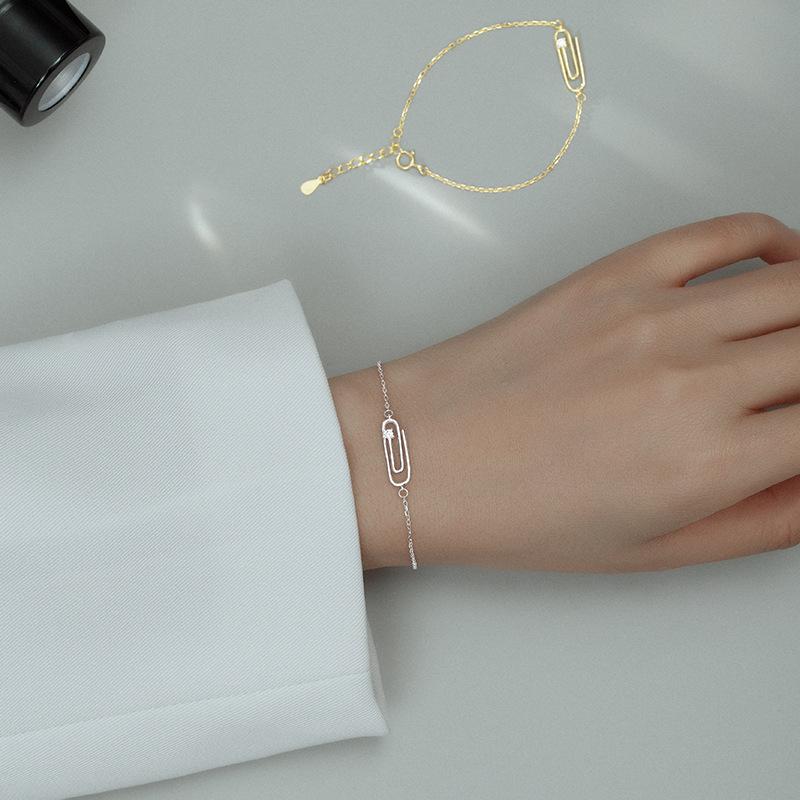 S925 Sterling Silver Gold-plated Paper Clip Bracelet for Women Ins Cool Style Niche Simple Pin Hand Jewelry for Women