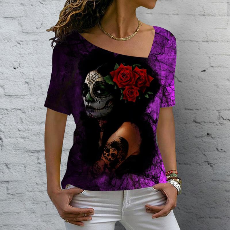 Лето 2023, винтажная женская футболка с изображением черепа, топы с v-образным вырезом, повседневный хлопковый пуловер с короткими рукавами, женская уличная одежда в стиле Харадзюку в стиле панк