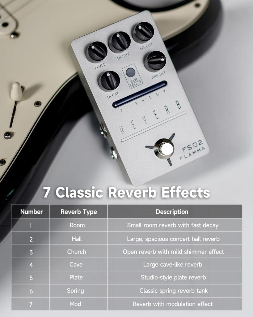 FLAMMA FS02 Digital Reverb Guitar Pedal 7 Classic Effects with Trail On Buffer Bypass Sliver Stereo Digital Reverb Effects Pedal