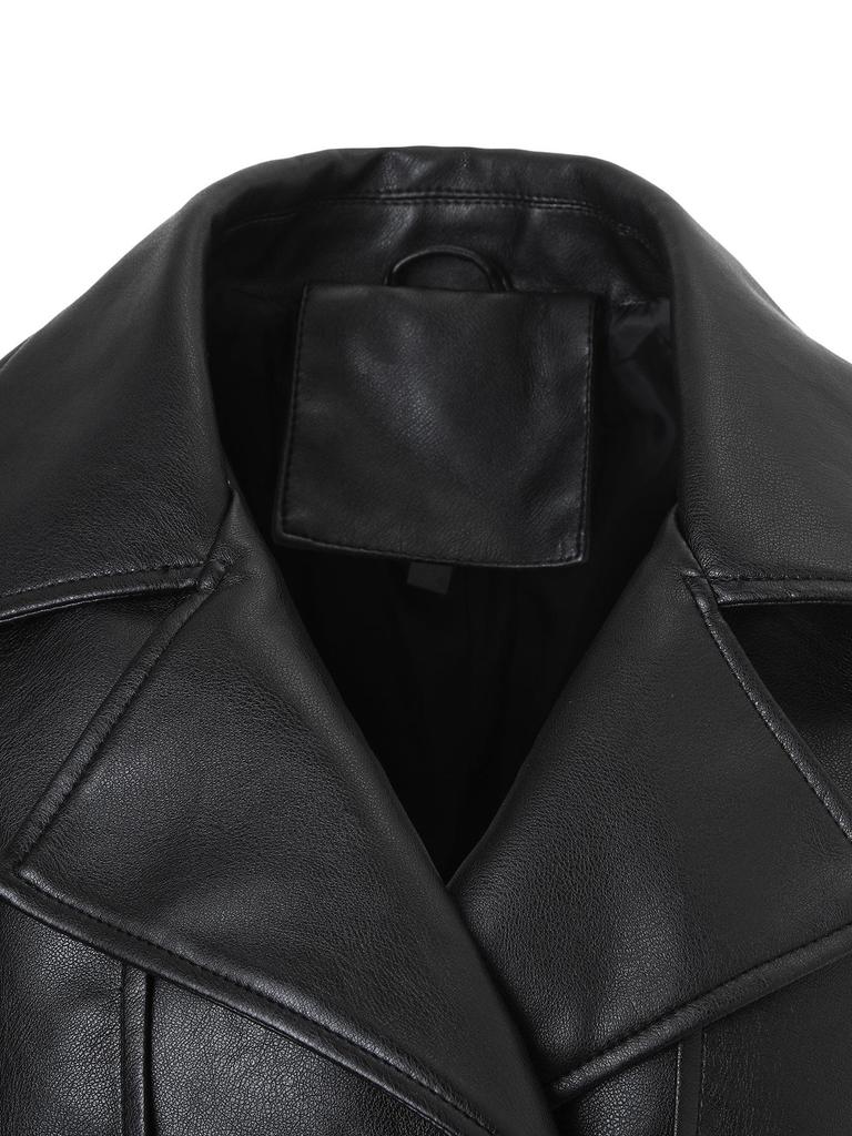 European and American Style PU Leather Motorcycle Jacket with Lapel, Double-breasted Design, Adjustable Waist Belt, for All Seasons