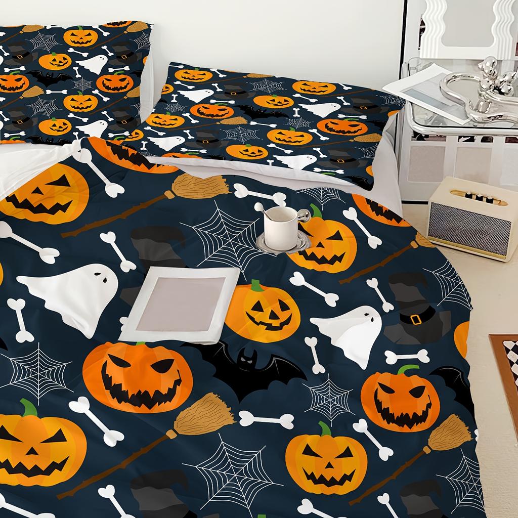 Halloween Quilt Cover Set Pumpkin Bat Spider Web Holiday Theme Bedding Set 3pcs Set, Fun Halloween Decor Quilt Cover Set