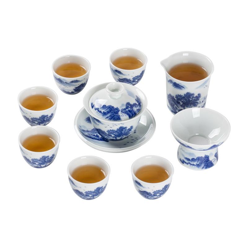 Retro Blue and White Kung Fu Tea Set, Home Creative Ceramic Cover Bowl, a Complete Set of Gift Boxes, Business Gifts