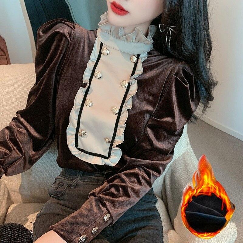 Осень-зима 2022, новый стиль, винтажный дворцовый стиль, хит цвета, деревянные ушки, воротник-стойка, бархатная рубашка в стиле вестерн, блузка