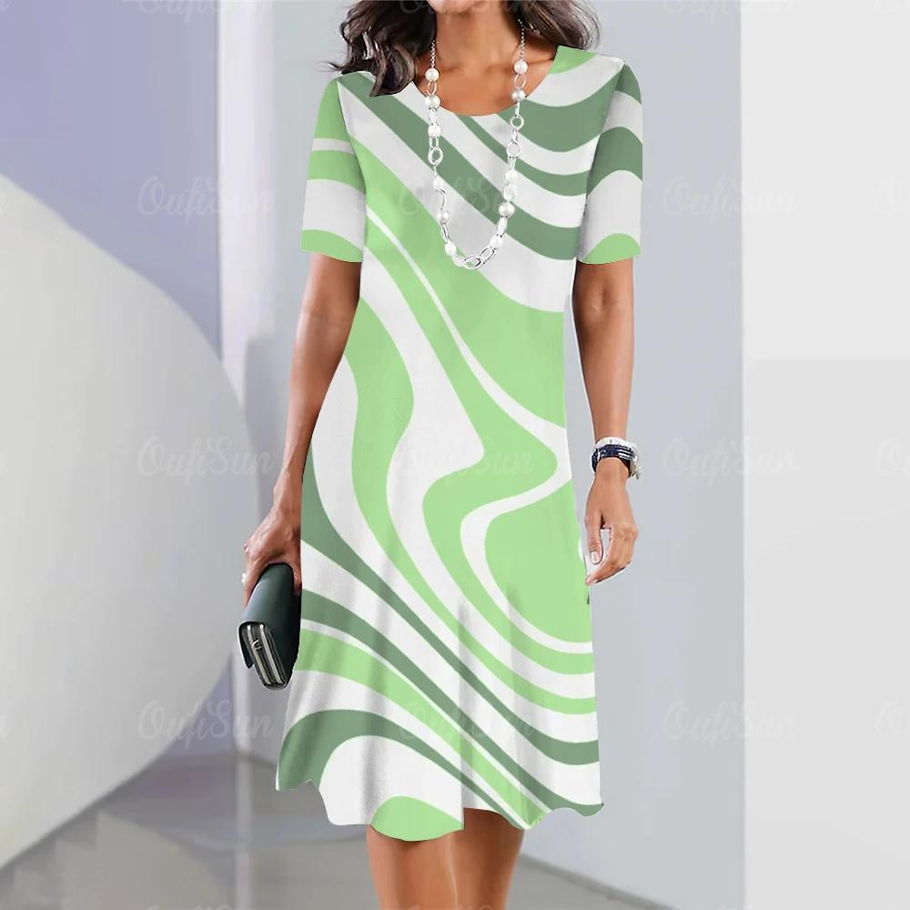 Summer Woman Dresses Women's Round Neck Short Sleeves Clothing Irregularly Streak Print Dress Clothing Loose Pullover Streetwear