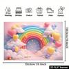 2D flat banner, grand rainbow-themed background fabric, pink and blue gradient sky, giant rainbow archway