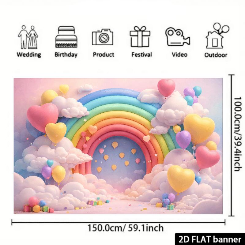 2D flat banner, grand rainbow-themed background fabric, pink and blue gradient sky, giant rainbow archway