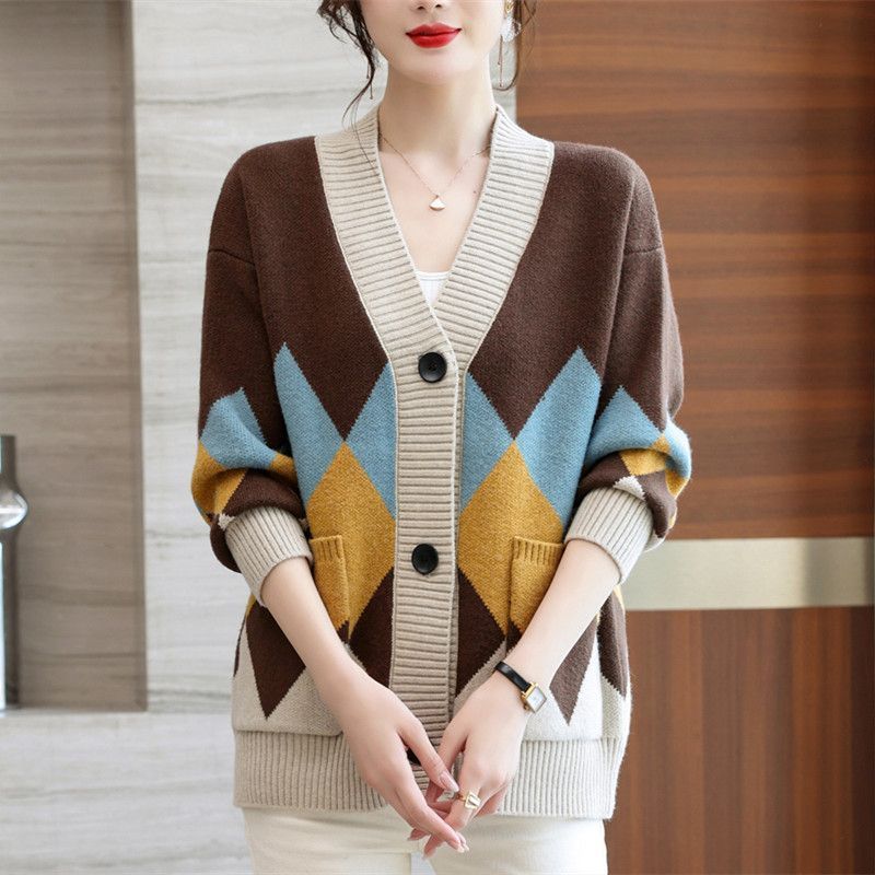 Осенне-зимний вязаный свитер, новый универсальный свитер с цветными блоками для женщин, стильный маленький кардиган, свитер с V-образным вырезом