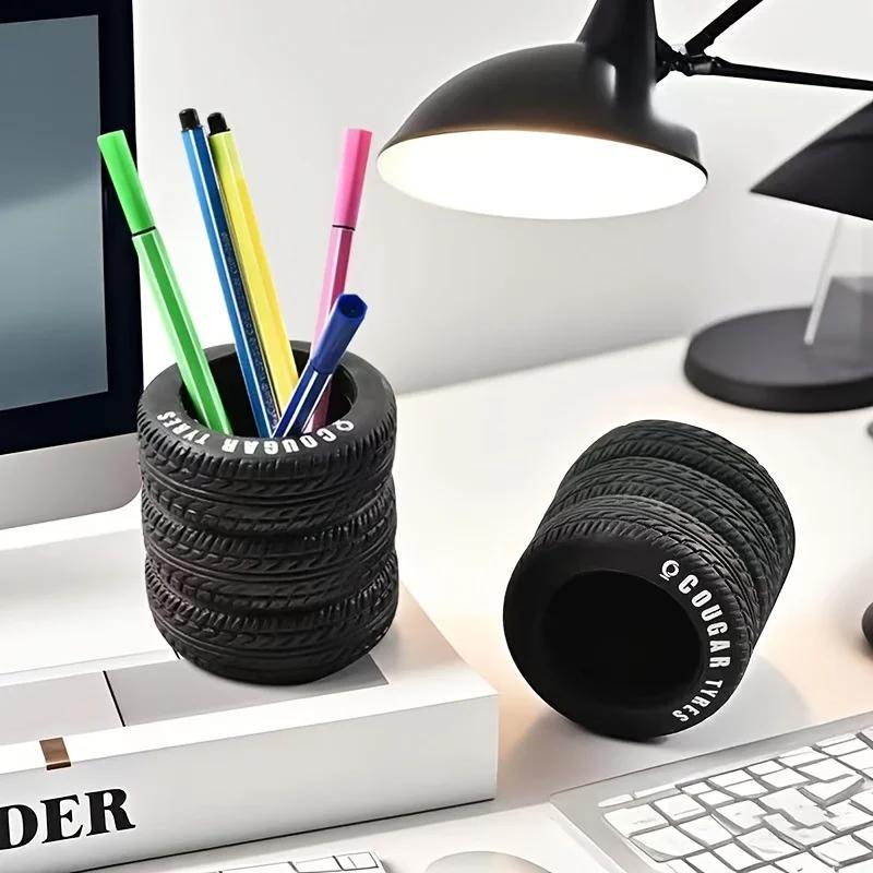 1pc Fun Tire-Shaped Pen Holder -PVC Desk Organizer, Ideal for School and Office Supplies, Painted Finish, Office Supplies