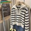Women's Striped Zipper Knitted Sweater Knitwear Pullover Autumn Winter Clothes Loose Long Sleeved Sweater Korean Style 2023