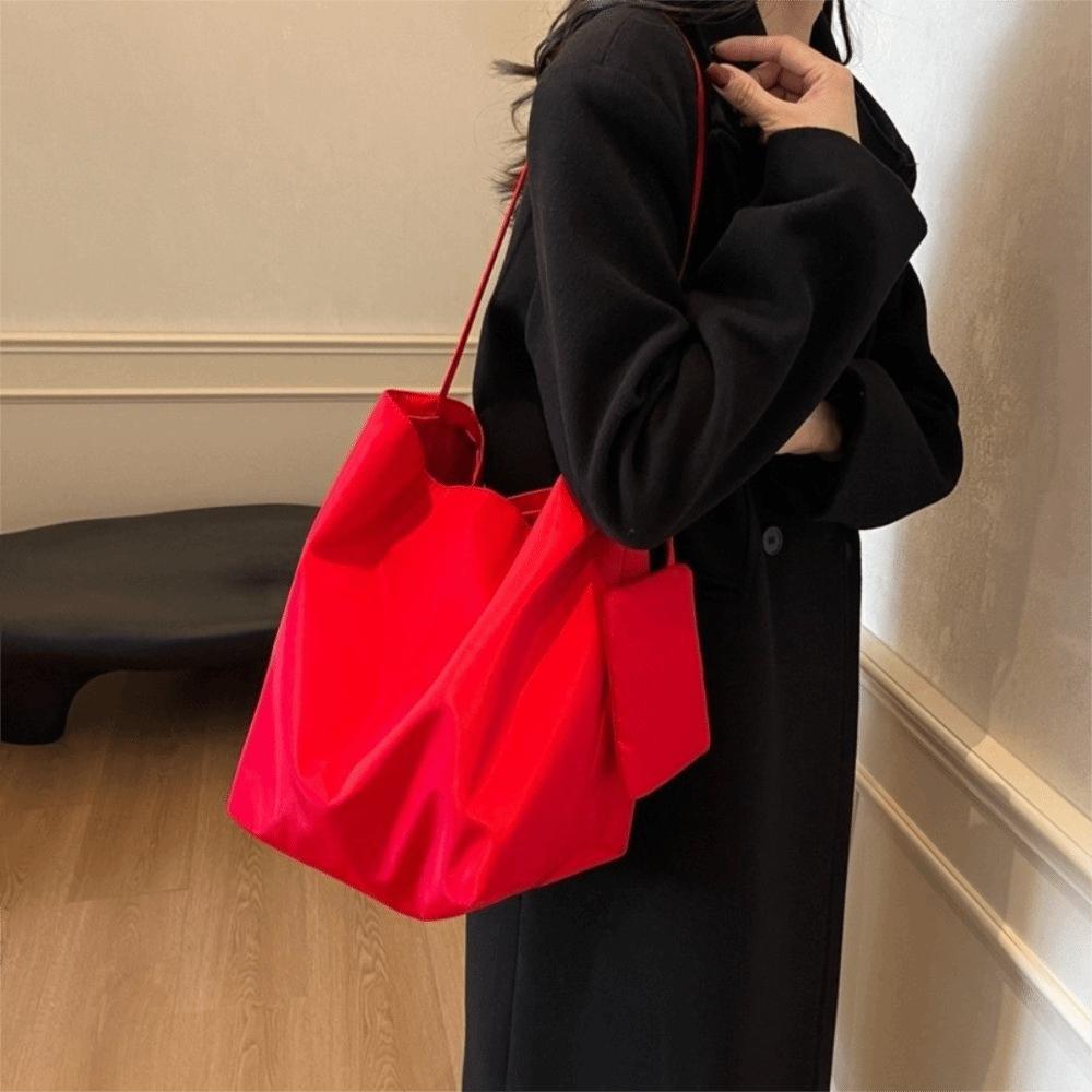 Solid Color Canvas Shoulder Bag Versatile Women's Handbag Fashion Class Bucket Bag Shopping