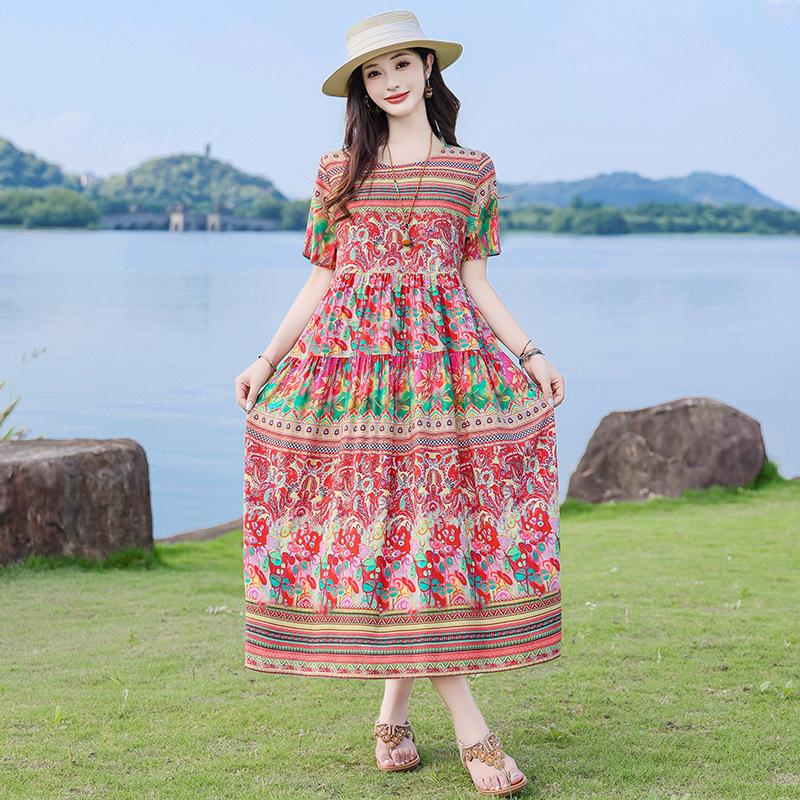 New summer cotton and silk dress women's medium and long fashion foreign style outer wear artificial cotton floral cotton skirt