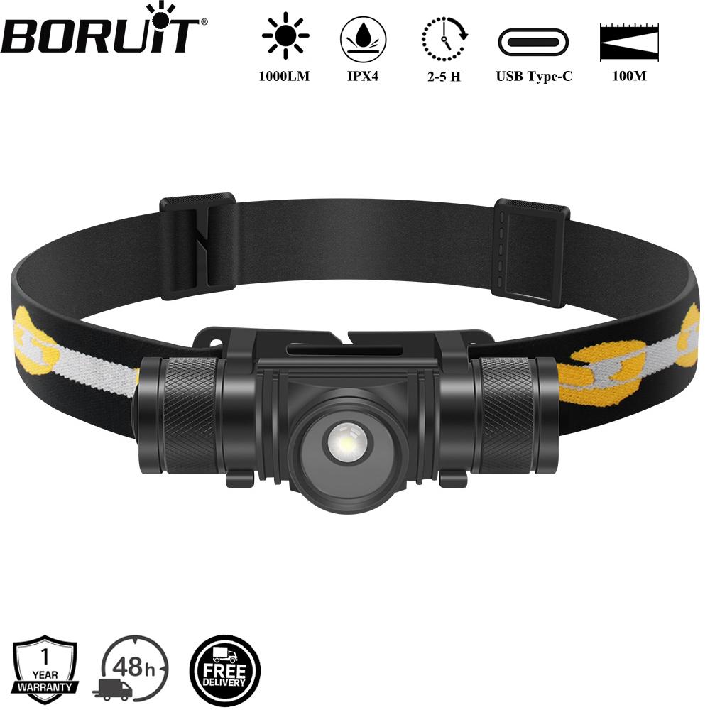 BORUiT D20 Налобный фонарь с зумом LED 1000 лм Мощный, перезаряжаемый через Type-C, водонепроницаемый, для кемпинга, рыбалки, фонарь