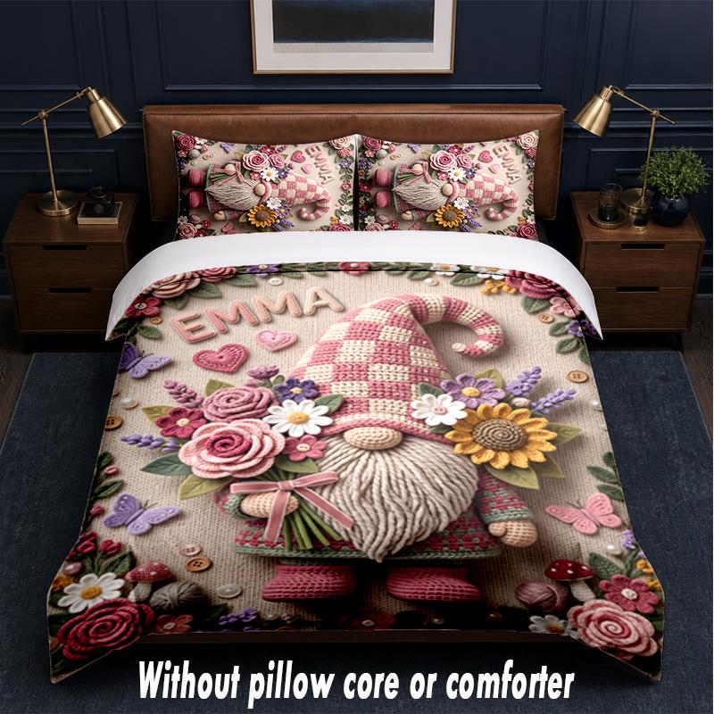 Gnome Theme Custom Text Or Name 3Pcs Bedding Set,1 Flat Sheet & 2 Pillowcases Personalized Home Bedding