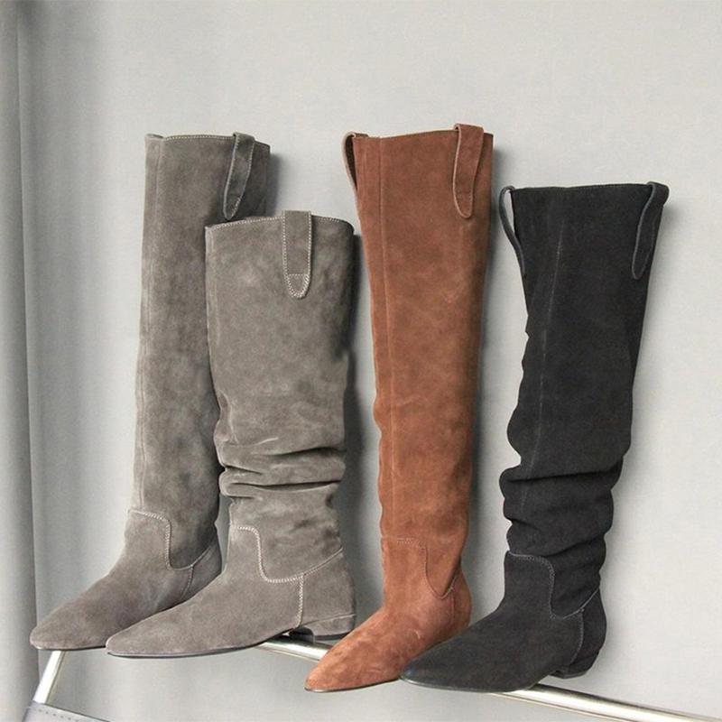 Женские длинные сапоги с острым носком, плоская подошва, модные ботфорты до колена, зимние дизайнерские ботинки челси для ходьбы, новый бренд Mujer Botas