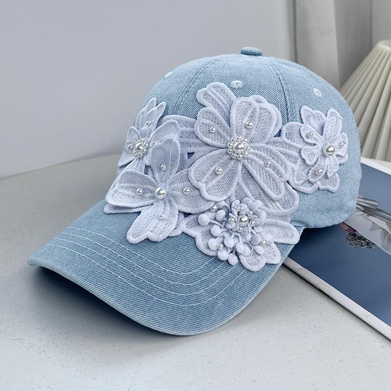 Washed denim baseball cap children outdoor commuter sun protection visor hat lace sweet big flower cap