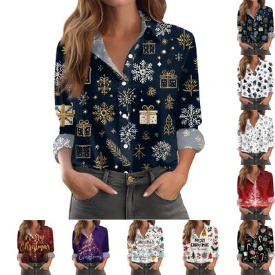 Женская повседневная рубашка с рождественским принтом, полуоткрытым воротником и длинными рукавами
