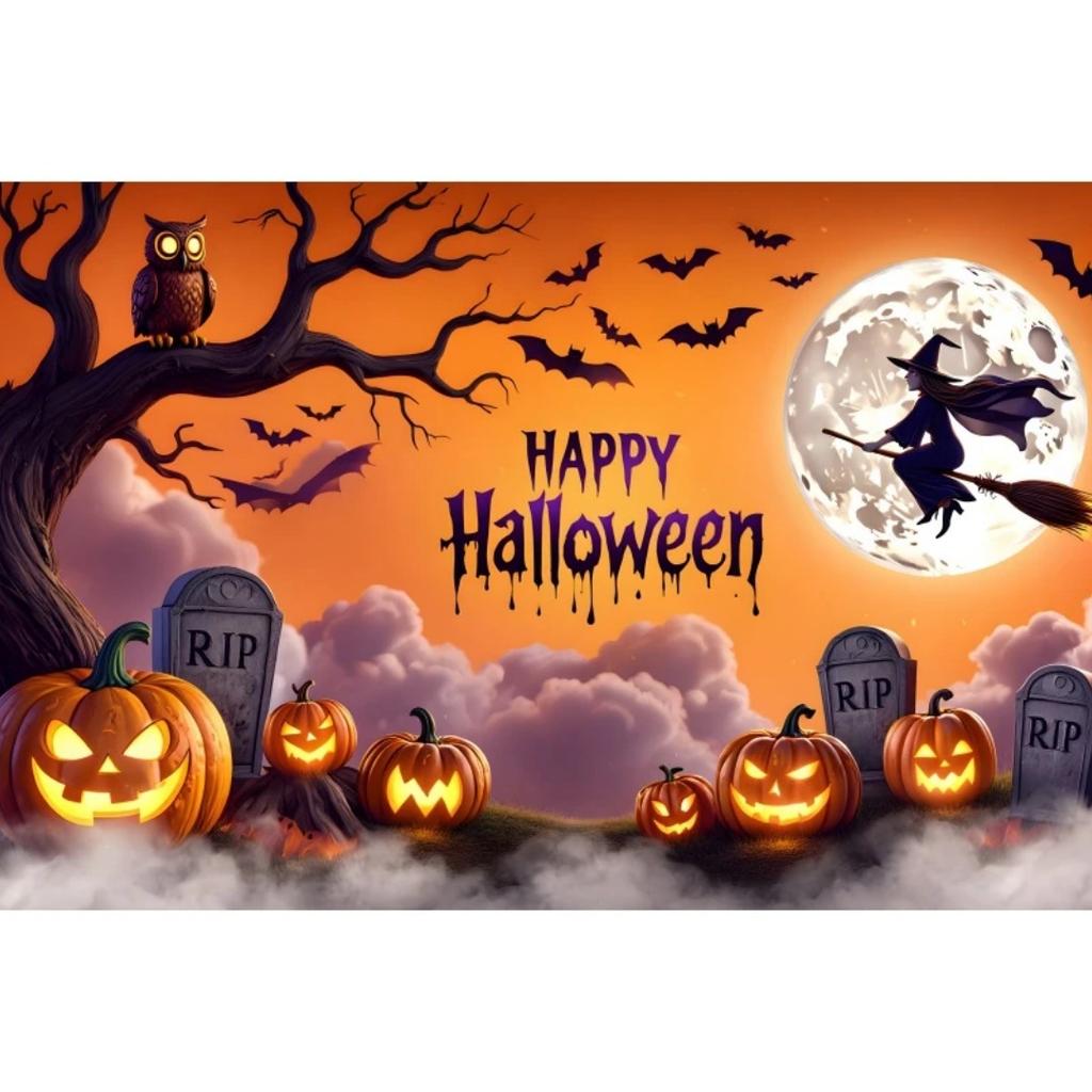 1 шт. Оранжевый фон для вечеринки «Счастливого Хэллоуина» с луной, тыквой, летучими мышами, ведьмой, пыленепроницаемый баннер для украшения вечеринки в стиле Хэллоуина