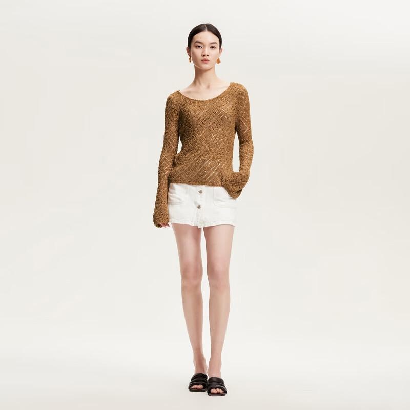 VEROMODA Women's Round Neck Flare Cuff Hollow Knit Sweater