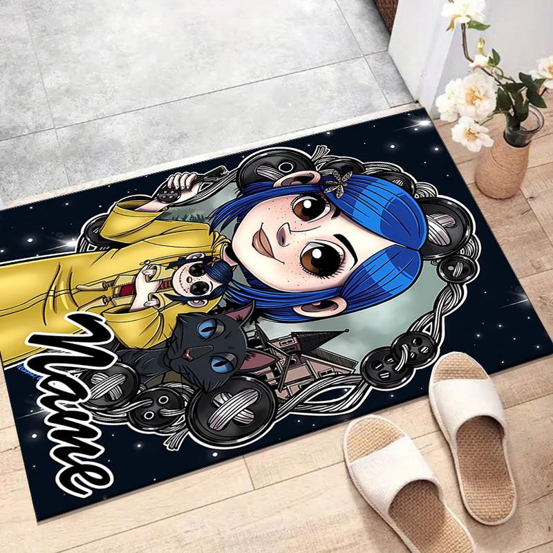 Custom Coraline Mat Personalized Name, Polyester Washable Indoor Entryway Rug, Gift for Christmas, Easter, Thanksgiving Day