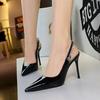 Women Pointed Toe Patent Leather High Heels Shallow Vamp Rhinestone Decorated Backless Strap Dress Shoes