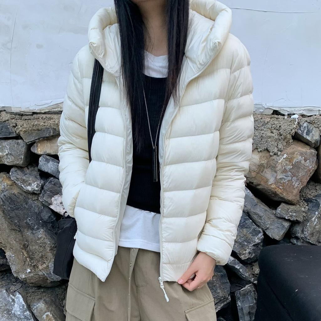 White duck down autumn and winter new models with the same material inside and outside temperament ribs light down jacket hooded casual down jacket