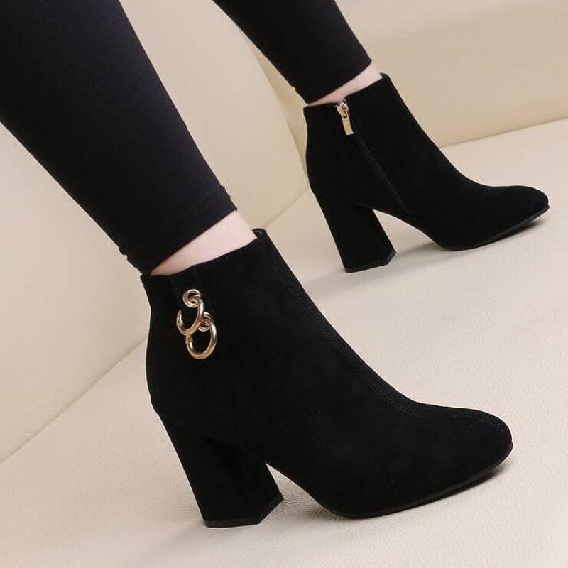 Autumn and Winter Martin Boots Frosted Short Boots Coarse Medium High Heel Naked Boots Women's Boots