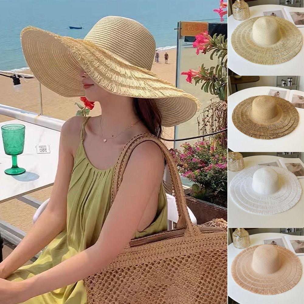 Foldable Straw Hat Wide Brim Fisherman Hat Women Fashion Sun Hat  For Beach Holiday Vacation