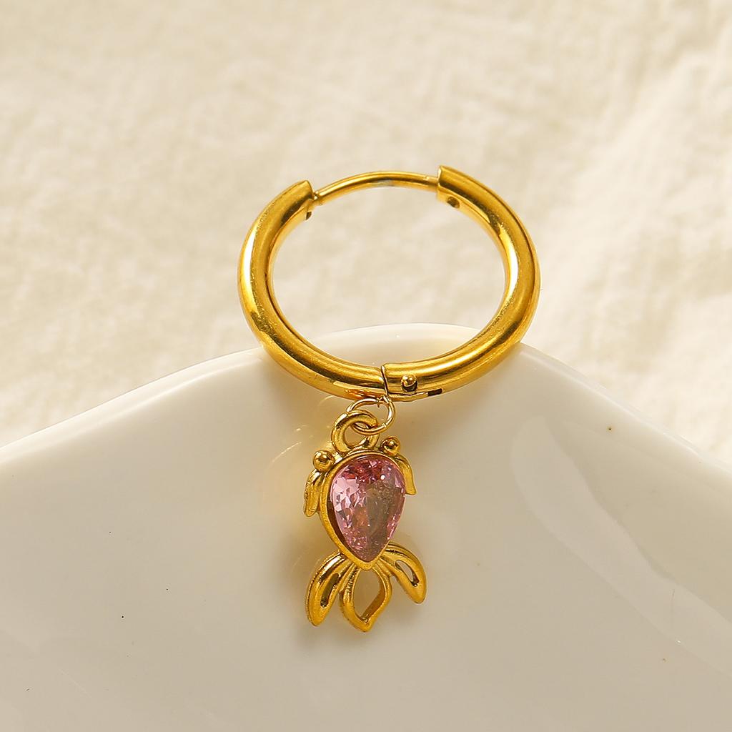 Cute Multi-color Zircon Goldfish Pendant Earrings Gold Plated Round Circle Hoop Earrings Stainless Steel Fashion Jewelry Aretes