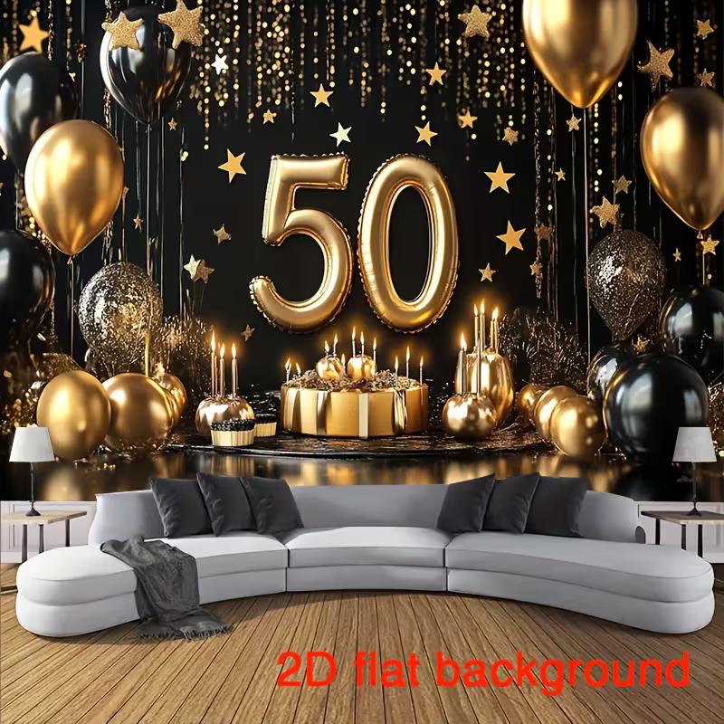 Двумерный Баннер-Фон для Вечеринки в Честь 50-летия, Черно-Золотая Тема для Украшения Помещений и Улиц