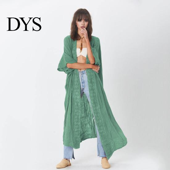 Swimsuit Cover-up Lady Beach Cardigan Sunscreen Anti-UV Long Sleeves Lace Bohemian Style Bikini Casual Daily Coat Thin Calf Length Vacation