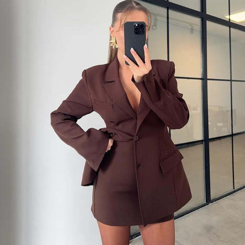 Elegant Blazer Women Fashion Brown Shoulder Pad Cinched Waist Suit Jacket Commute Office Lady Women's Professional Jacket