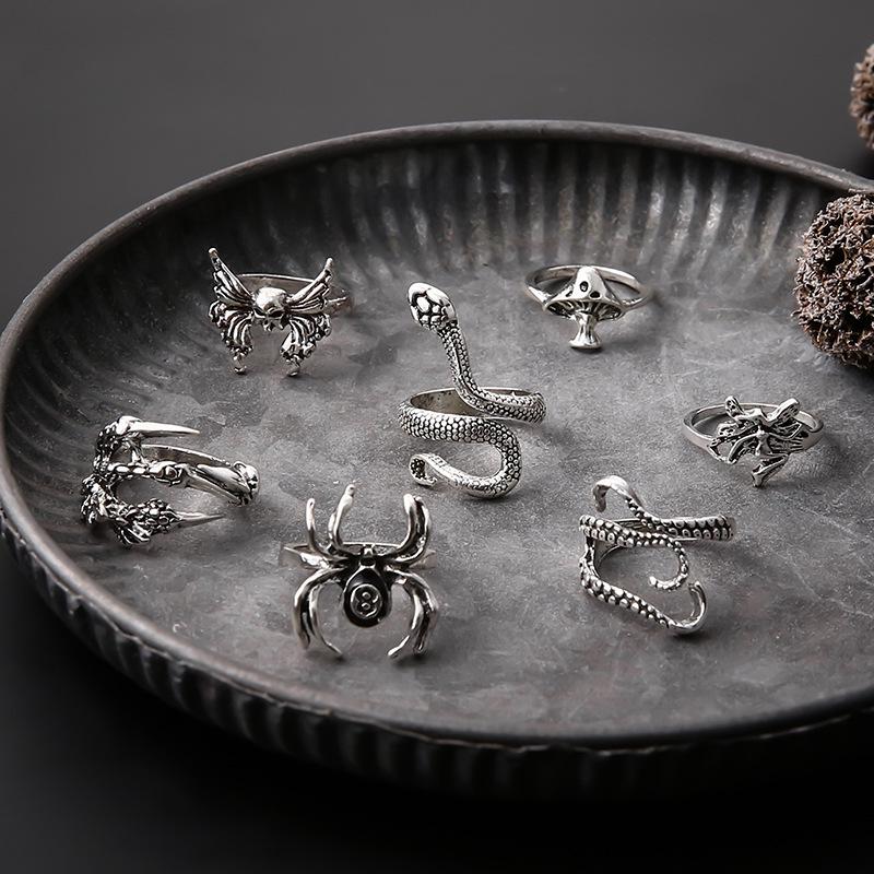Популярное ретро-кольцо с животными на Хэллоуин: Набор из 7 предметов с рисунками черепа, змеи, паука и осьминога