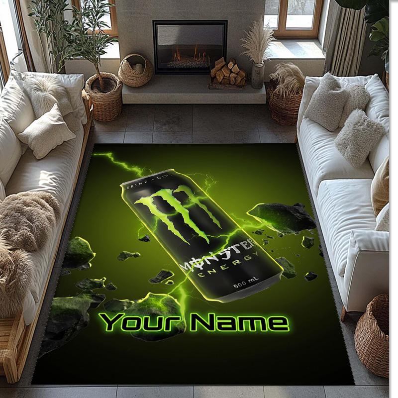 Monster Energy Crystal Velvet Rug, Custom Name Text Personalized Non‑Slip Floor Mat for Home Decor Gift