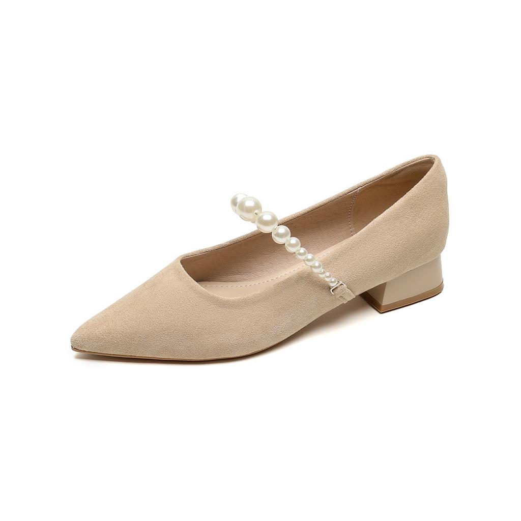 Weiwei girl 5153-3 французские туфли-лодочки с острым носом женские жемчужные с мелким вырезом на высоком каблуке замшевые на толстом каблуке туфли Мэри Джейн