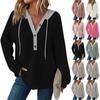 Women's Fashion Colour Block Long Sleeve Drawstring Hooded Button V-Neck Casual Sweatshirt Top
