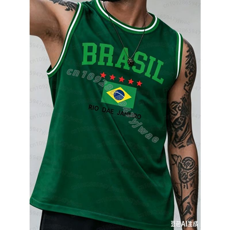 Летний мужской ЖЕЛТЫЙ BRASIL 10 Принт Полоска Круглый вырез Повседневная майка Баскетбольная майка-жилет Стиль бойфренда Спортивная баскетбольная майка-жилет