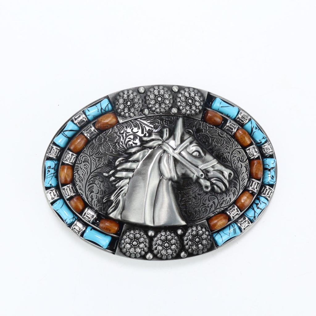 Zinc Western Cowboy Belt Buckle with Cow Skull & Horse Head