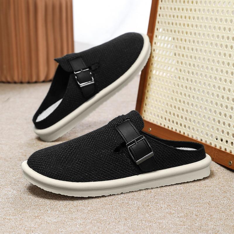 Мода 2025 Мужские льняные шлепанцы с закрытым носком Летние дышащие тапочки для дома и улицы Большого размера Комфортная повседневная офисная обувь для поездок