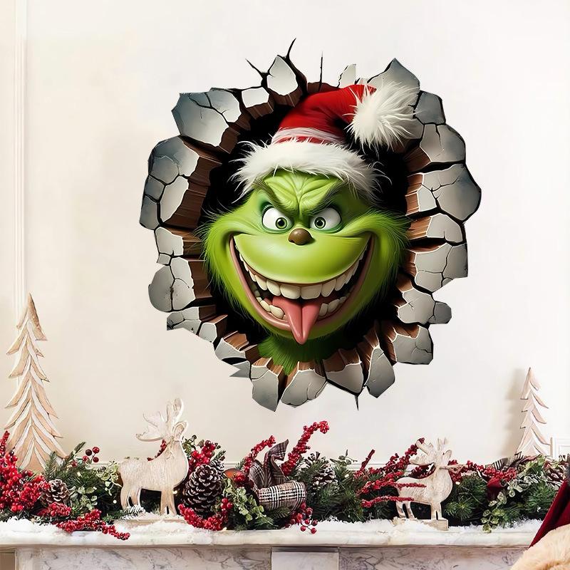 Рождество сломанная стена гостиная настенное украшение домашняя наклейка самоклеящаяся мультяшный Гринч зеленые волосы монстр наклейка на окно